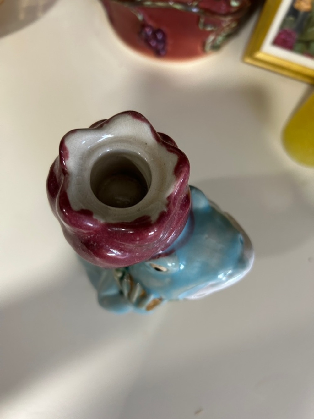 Blue Frog Figurine with Red Tulip holds a tapered candle - Decorative Accent - Picture 5 of 8